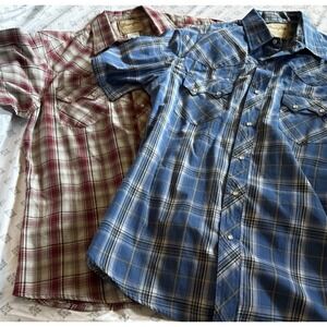 Wrangler QTY 2 Men's Large Pearl Snap Pocket Short Sleeve Casual Shirts EUC CT1